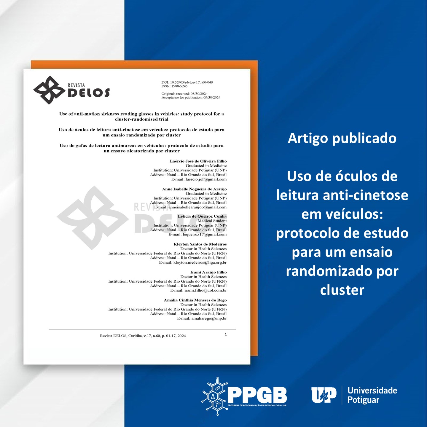 Universidade Potiguar publica Protocolo inovador sobre Óculos Anti-cinetose em Revista Científica